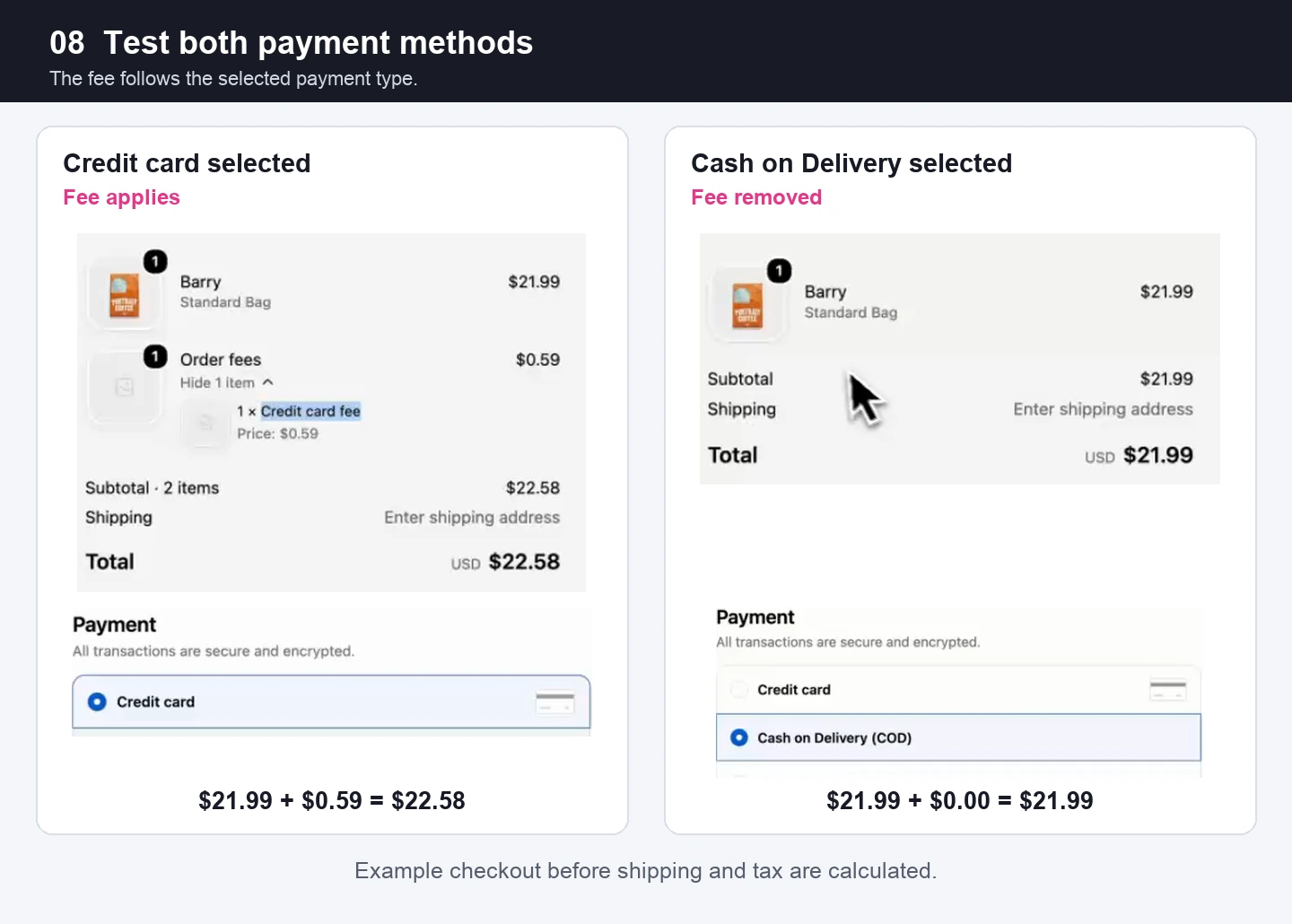 Compare the recorded checkout: Credit card includes a $0.59 fee; Cash on Delivery removes it.