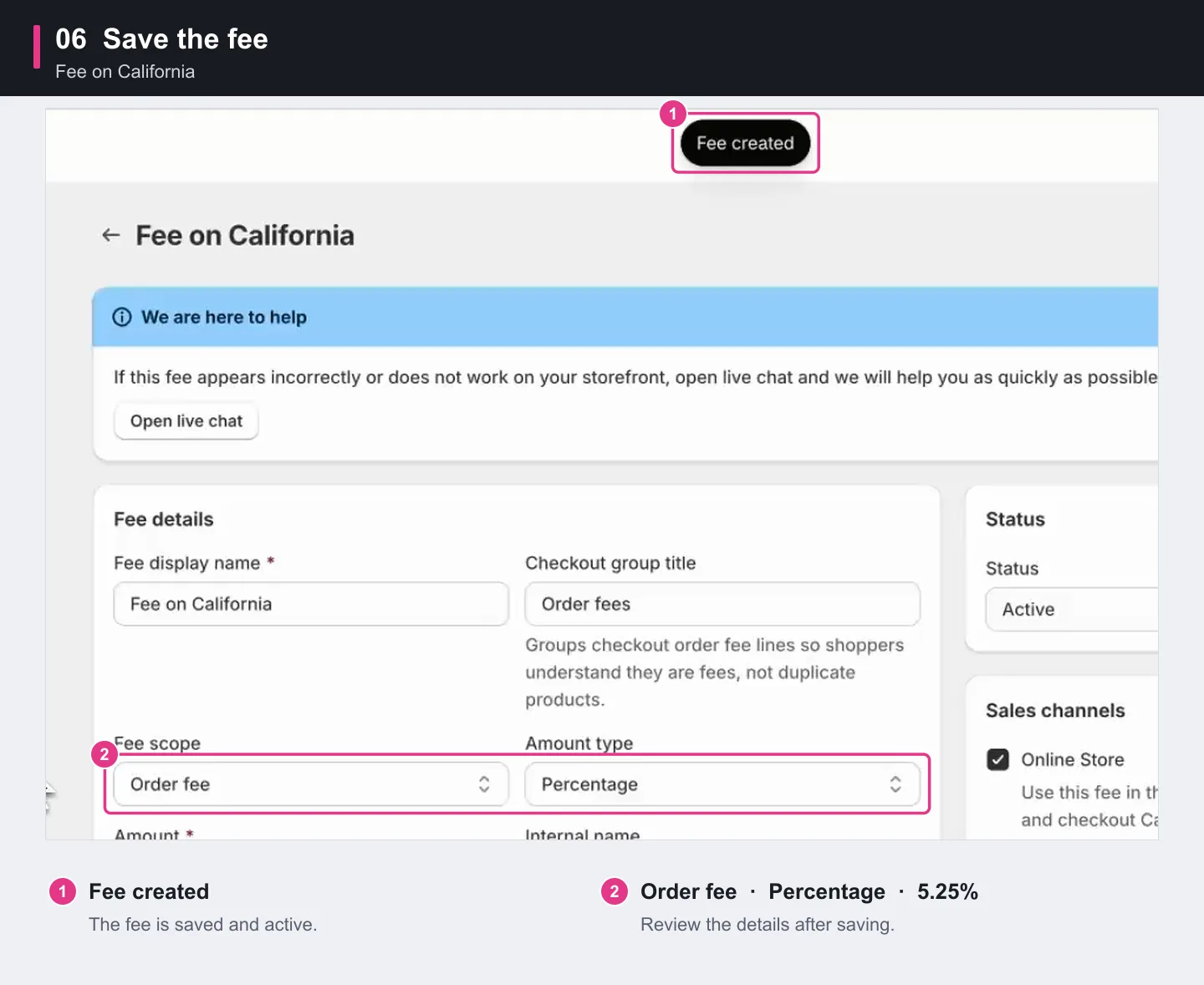 After saving, Bony shows Fee created with the Order fee, Percentage, and 5.25 settings.