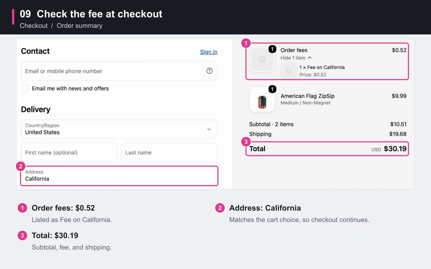 At checkout, Order fees shows Fee on California at $0.52, and the total with shipping is $30.19.